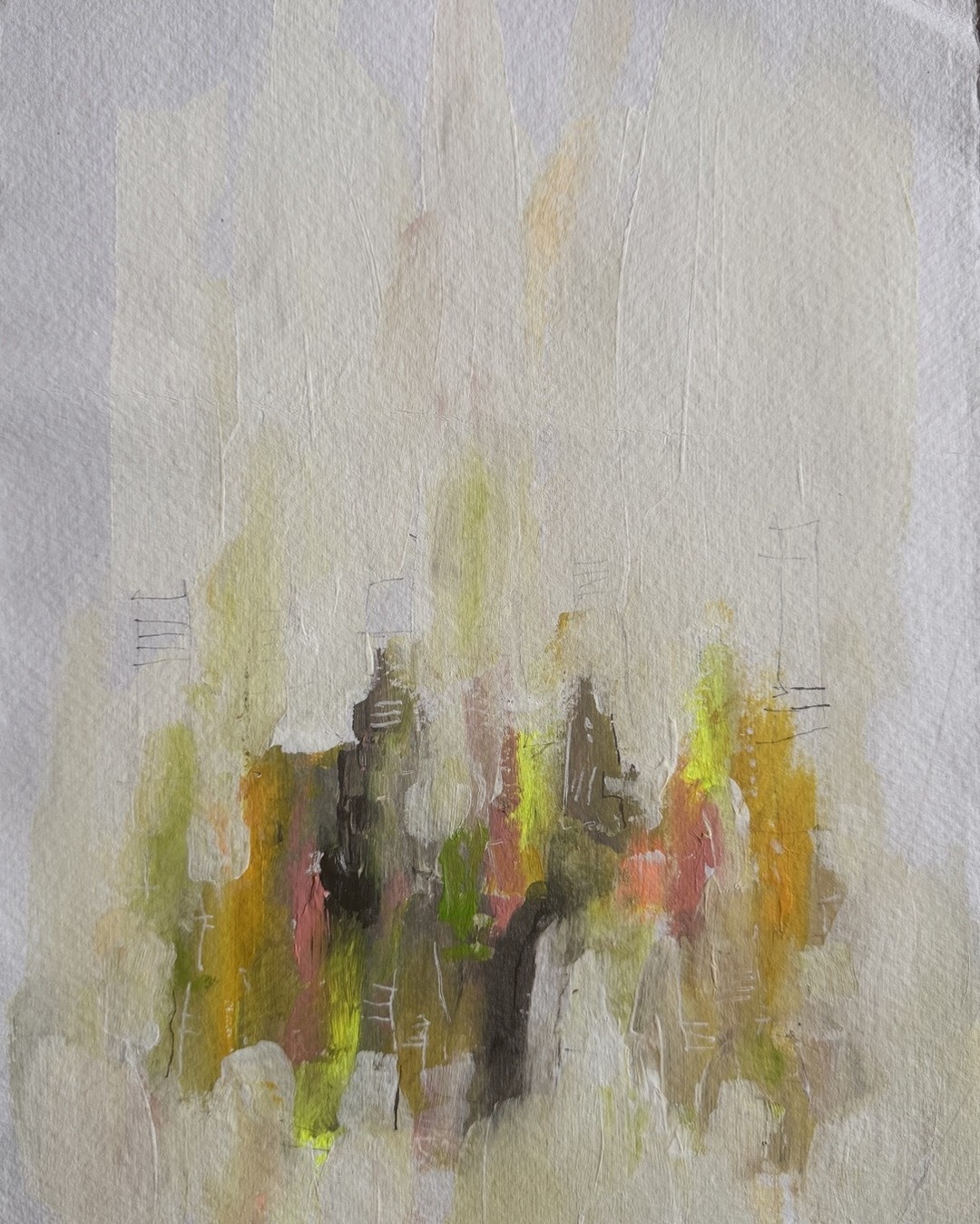 Architectural abstract painting on textured handmade paper