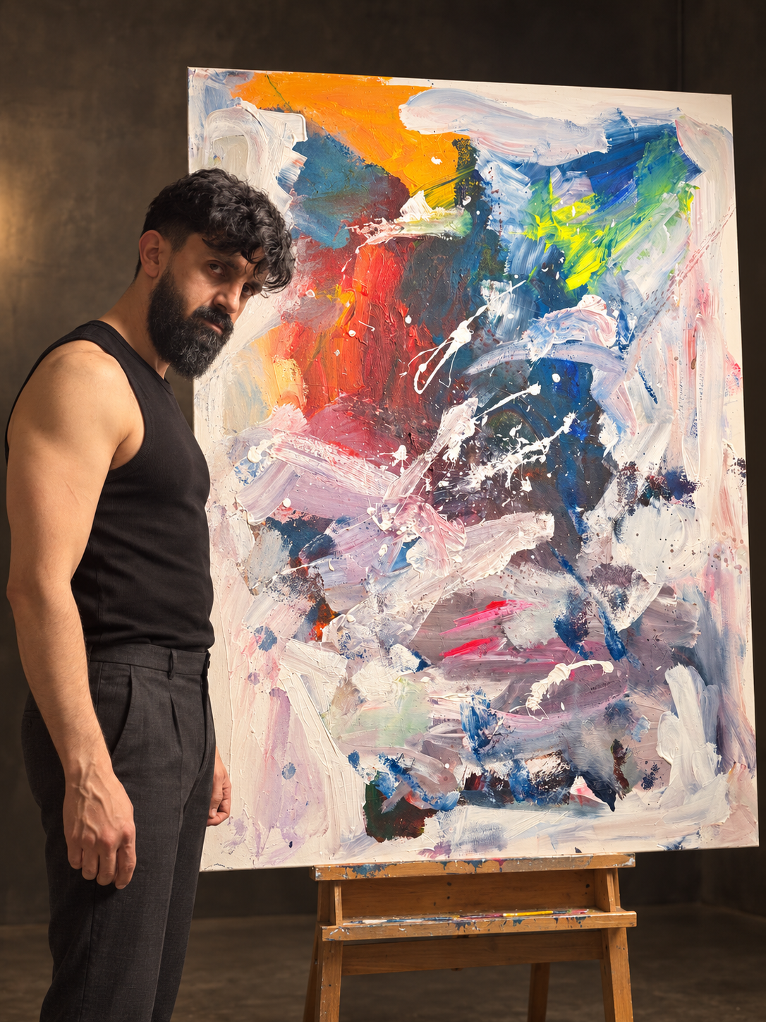 Ehab Omaro beside an original abstract painting in an AI-edited artist portrait