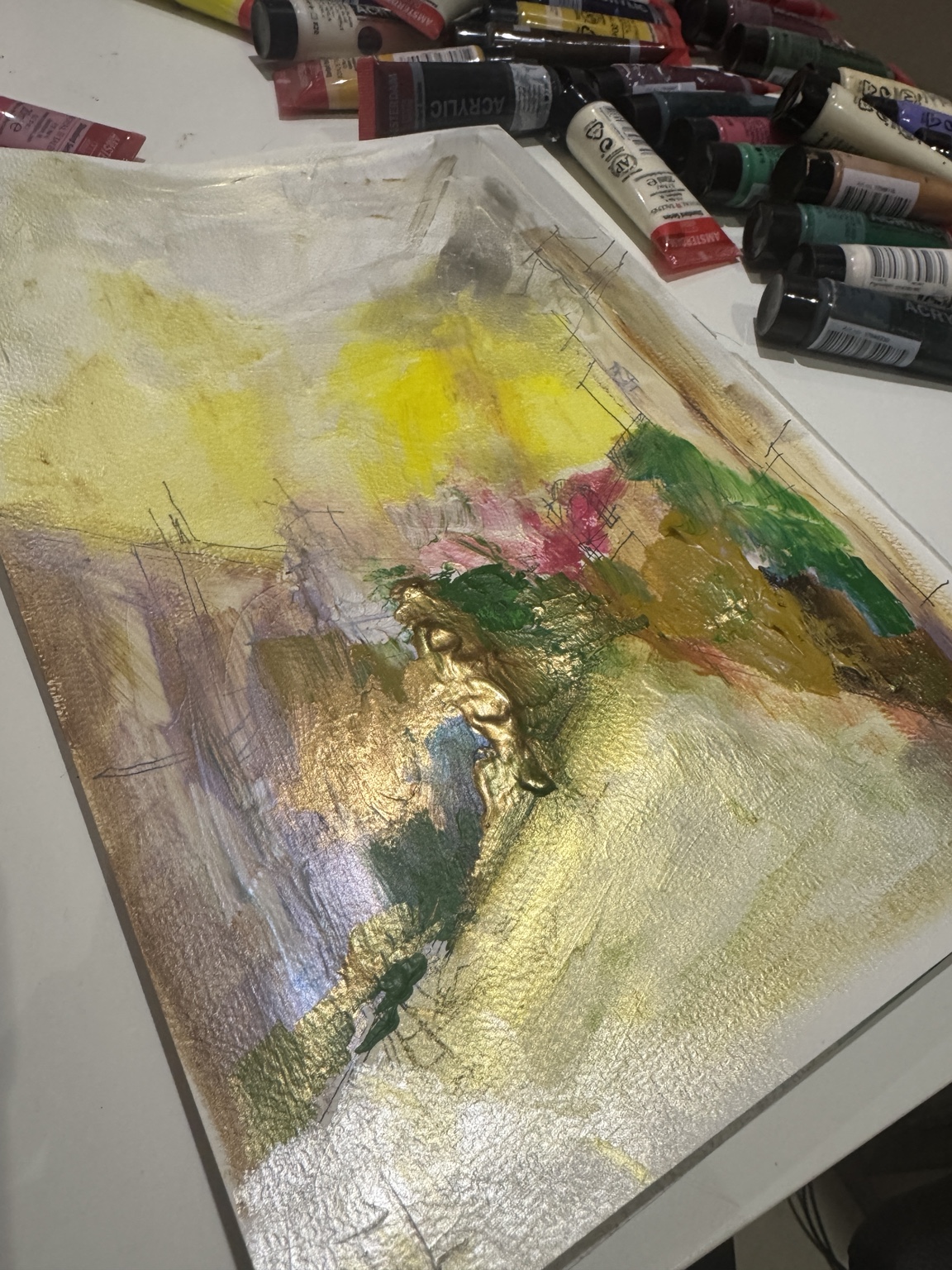 Riyadh Study 01 in progress, with layered colour, architectural drawing and painting materials on the studio table