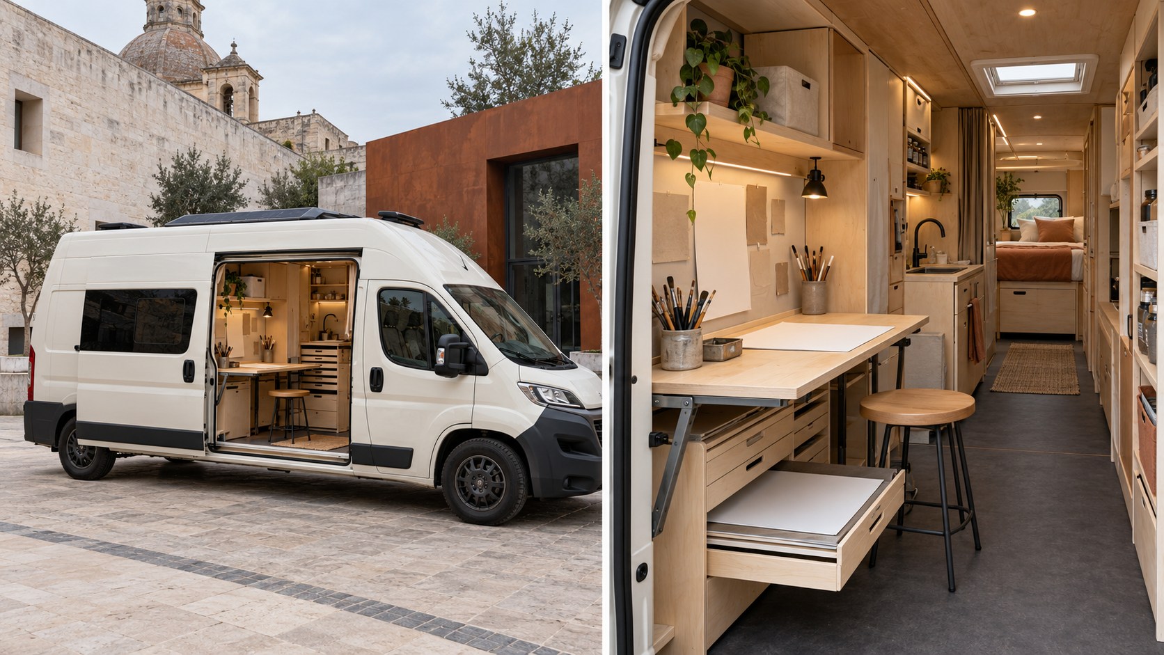 Concept visualisation of The Moving Studio as a mobile painting and living workspace inside a converted van